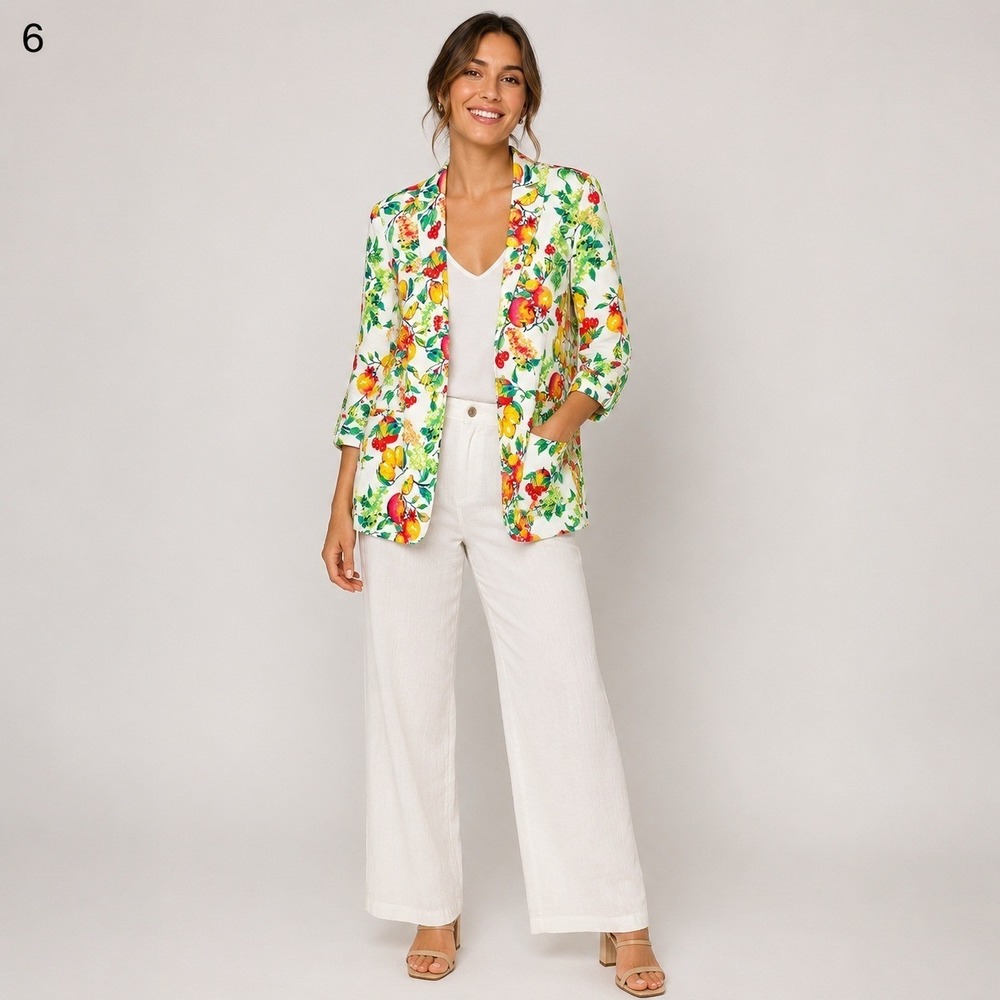 LC Lauren Conrad Blazer Jacket Womens Small White Fruit Print Rayon Pockets‎ NWT